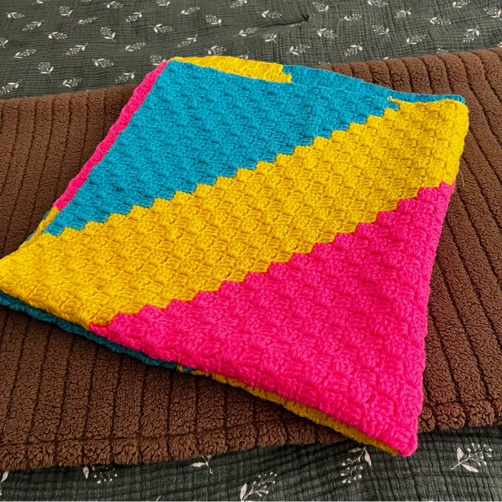 Vintage Handmade Crochet Baby Blanket Bright Colors Hand Knit 35